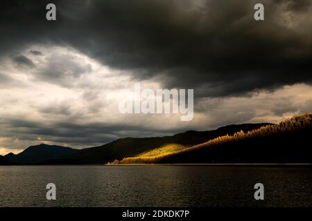 Sturmwolken und leichte Stimmung über Altlach, am Walchensee in den bayerischen Alpen, im Karwendel und Estergebirge. Intensives Sonnenlicht beleuchtet Teile des Waldes, während dunkle Sturmwolken den Rest beschatten. Stockfoto