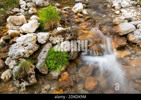 Die Quelle des Glasbaches unterhalb der Benediktenwand in der Jachenau, in den bayerischen Alpen. Bach mit Wasserfall. Stockfoto