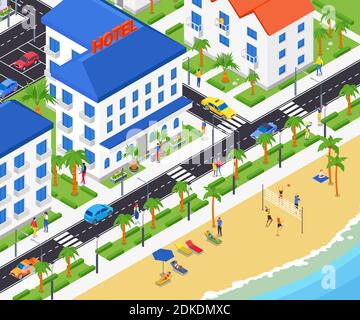 Coastal city - modern vector colorful isometric illustration. Urban landscape with a hotel, apartment houses, road with cars, people playing volleybal Stock Vektor