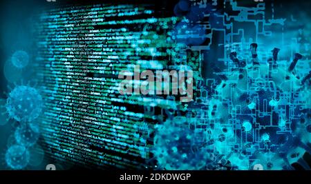 Programmcode mit Viren und abstraktem Technologiehintergrund Stockfoto