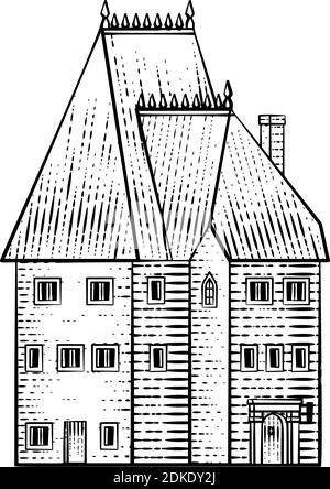 Old Medieval House Inn Building Vintage Holzschnitt Stock Vektor