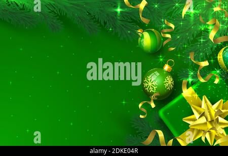 Frohe Weihnachten Frohes Neues Jahr Baum mit Spielzeug, Karte Banner. Vektorgrafik Stock Vektor