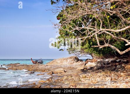 Ein Longtail Boot ankert vor der unbewohnten Bamboo Island vor den Phi Phi Inseln, Thailand Stockfoto