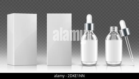 Tropfflasche aus Glas für kosmetisches Öl oder Serum und weiße Verpackungsbox in Front- und Winkelansicht. Vector realistische Mockup von leeren Kolben mit Pipette und Silberkappe für medizinische Tropfen oder Hautpflegeprodukt Stock Vektor