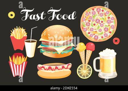 Vektor-Set Illustration von schönen Fast-Food isoliert auf dunklem Hintergrund. Beispiel für Burger und andere Lebensmittel für die Werbung Stock Vektor