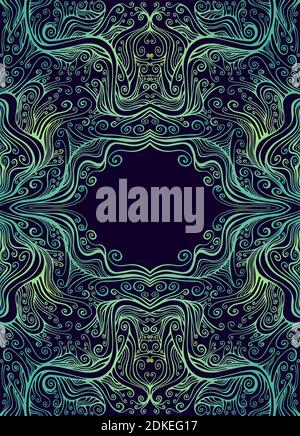 Vintage erstaunliche symmetrische psychedelische Rahmen mit Platz für Text, bestehend aus anmutigen Locken Muster, Gradient smaragdgelb Farbkontur, isola Stock Vektor