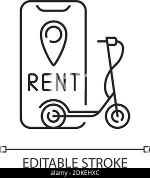 Elektroroller Vermietung lineare Symbol. Service mit Elektro-Motorroller zur Verfügung gestellt werden. Dünne Linie anpassbare Illustration. Kontursymbol. Stock Vektor