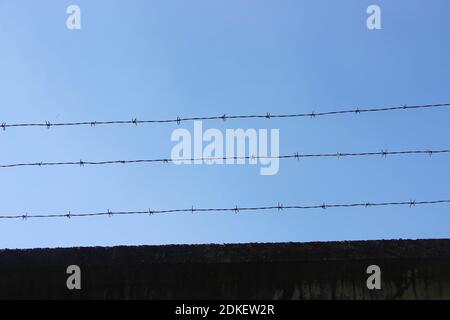 Stacheldrähte gegen klaren blauen Himmel. Gefängnis und Freiheit Konzept Verbrechen und Strafe Gesetz Konzept. Stockfoto