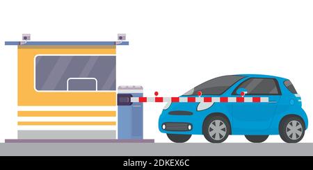 Sicherheitskabine, Tor und blaues Auto, Eingang des Parkplatzes, isoliert auf weißem Hintergrund, flach vektorgrafik Stock Vektor