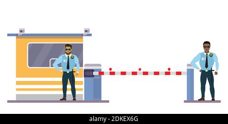 Zwei männliche Wachmann an der Mautstelle, uniformierter Offizier oder Schutzagent in der Nähe von Sicherheitskabine und Tor, isoliert auf weißem Hintergrund, flacher Vektor ill Stock Vektor