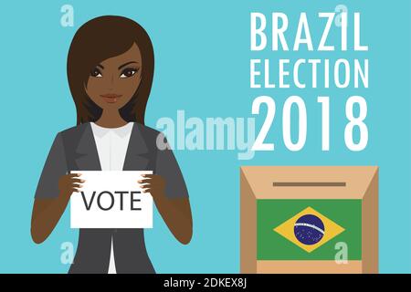 afroamerikanische Frauenpapier mit Text-Vote, Wahlurne mit brasilianischer Flagge und Inschrift -brasilienwahl 2018, flache Vektorgrafik Stock Vektor