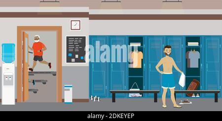Ankleidezimmer mit Schließfächern im Fitnessraum oder Fitnessclub, offen Und geschlossene Schließfächer, männlich mit Handtuch, flache Vektor-Illustration Stock Vektor