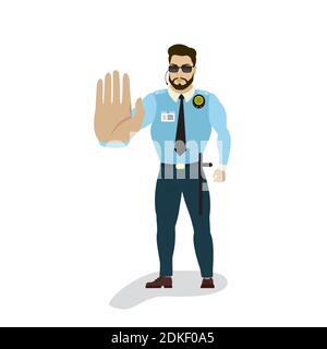 Männliche Wachmann zeigen Stop Hand Geste, uniformierten Offizier oder Schutzmittel, isoliert auf weißem Hintergrund, flache Vektor-Illustration Stock Vektor