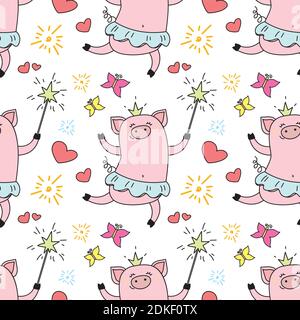 Nahtlose Muster mit lustigen Schweinchen Prinzessin, springen Schwein Ballerina mit einer Krone und einem Zauberstab, nette Textur, Vektor-Illustration Stock Vektor