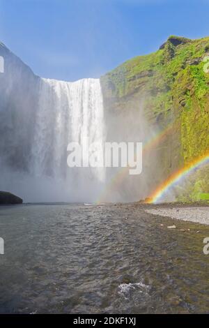 Skogafoss, 63 m hoher Wasserfall am Fluss Skógá mit doppeltem Regenbogen im Sommer, Skógar, Island Stockfoto