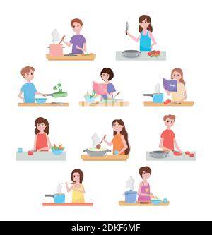 Cartoon glückliche Menschen Kochen mit Küchenelementen rund um über weißem Hintergrund, buntes Design, Vektor-Illustration Stock Vektor