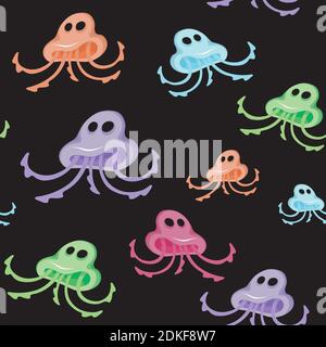 Nahtloses Muster bunte Monster Qualle auf schwarzem Hintergrund. Stock Vektor