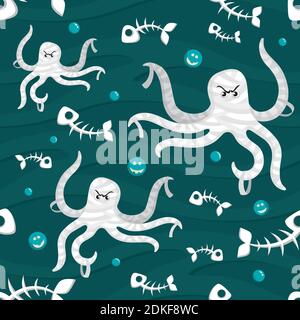 Nahtloses Muster Monster Oktopus und Fisch Skelett Stock Vektor