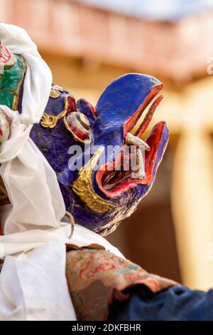 Korzok, Ladakh, Indien - 23. Juli 2012: Nicht identifizierter Mönch in Garuda Maske (Vogel-wie Kreatur in Hindu, Buddhist und Jain Mythologie) führt religiös Stockfoto