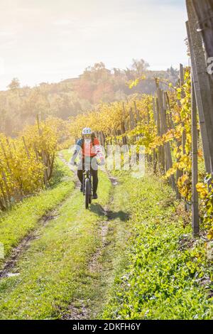 Ein Mann fährt im Herbst mit einem E-Bike (E-mtb) durch die Weinberge von Prosecco, Weinberge von Valdobbiadene, Provinz Treviso, Venetien, Italien Stockfoto