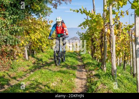 Ein Mann fährt im Herbst mit einem E-Bike (E-mtb) durch die Weinberge von Prosecco, Weinberge von Valdobbiadene, Provinz Treviso, Venetien, Italien Stockfoto