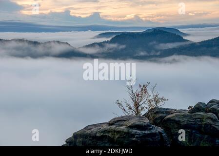 Deutschland, Freistaat Sachsen, Sonnenaufgangsansicht von Lilienstein bis zum Elbsandsteingebirge, Nationalpark Sächsische Schweiz Stockfoto