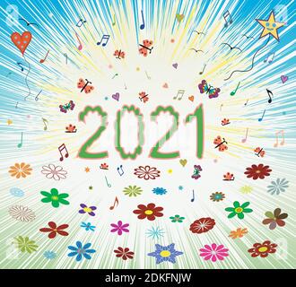 Frohes Frühjahr Sommer 2021 optimistischer Sonnenaufgang abstrakter farbenfroher Hintergrund mit Blütenblüten Zahlbuchstaben 2021. Stock Vektor