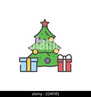 Weihnachten geschmückt Baum mit Geschenken Farbe Linie Symbol. Leuchtende Lichter. Bearbeitbare Kontur. Stock Vektor