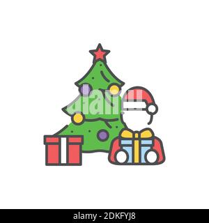 Weihnachten geschmückt Baum und Kind Farbe Linie Symbol. Leuchtende Lichter. Bearbeitbare Kontur. Stock Vektor