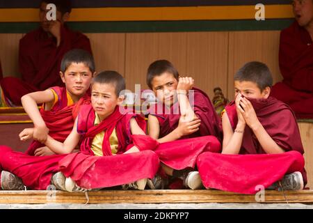 Lamayuru, Indien - 17. Juni 2012: Unruhige Jungen Mönche als Zuschauer beim Cham Dance Festival of Tibetan Buddhism im Lamayuru Kloster, Ladakh, Indi Stockfoto