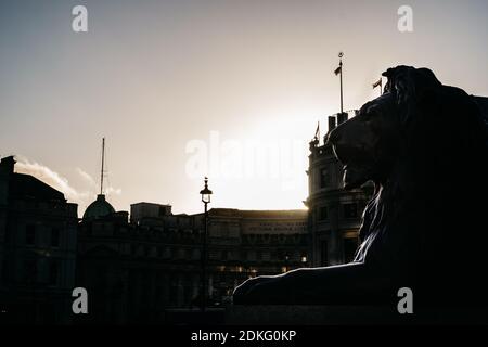 Trafalgar Square, London, Großbritannien. Dezember 2020. Eine Löwenstatue am Fuß der Nelson-Säule in Silouette mit Admiralty Arch im Hintergrund. Kredit: Tom Leighton/Alamy Live Nachrichten Stockfoto
