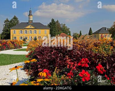 Salt works building, flower beds, spa gardens, Bad Rappenau, Baden-Wuerttemberg, Germany Stock Photo