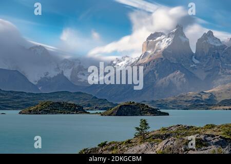 Lago Pehoe im Torres del Paine Nationalpark, Patagonien, Chile, Südamerika Stockfoto