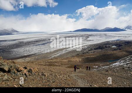 Wanderer, die vom Paso del Viento auf dem Rundweg Huemul, El Caltén, Argentinien, zum südpatagonischen Eisfeld hinabsteigen. Stockfoto