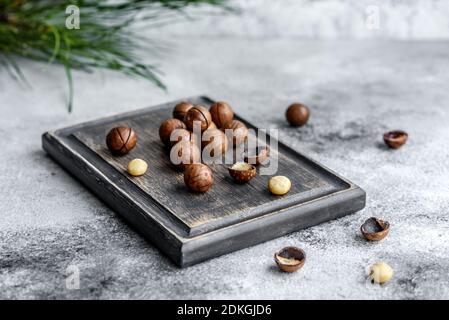 Verschiedene Arten von Nüssen vor dem Hintergrund von Fichtenzweigen Auf einem hölzernen Schneidebrett auf einem hellen Betonhintergrund Stockfoto