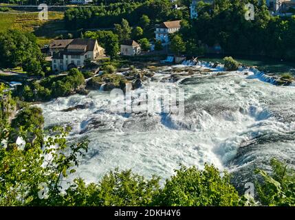 Rauschende Wassermassen an den Rheinfällen zur Zeit der Schneeschmelze in den Alpen, Laufen-Uhwiesen bei Schaffhausen, Schweiz Stockfoto