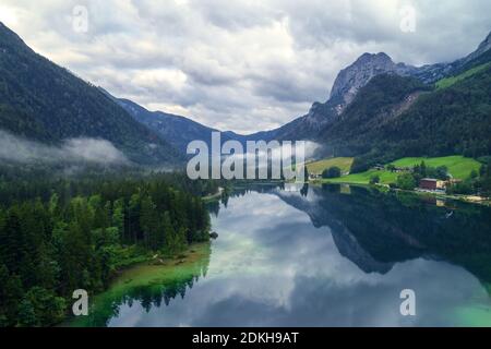 Luftbild, Morgen, Hintersee, Bergsee, Alpen, Ramsau, Berchtesgaden, Bayern, Deutschland, Europa Stockfoto