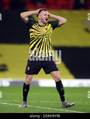 Watfords Tom Cleverley reagiert auf eine verpasste Chance beim Sky Bet Championship-Spiel in der Vicarage Road, London. Stockfoto