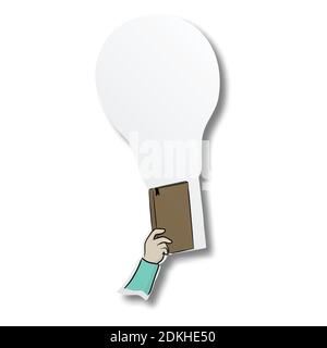 Vektor schwarze Linie Hand gezeichnet von Nahaufnahme Mann hält braunes Buch auf Birnenform geschnittenes Papier mit Schatten isoliert auf weißem Hintergrund. Papierkunst. Bildung Stock Vektor