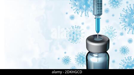 Impfstoffhintergrund und Virusimpfung Behandlung Medikamente und Grippe oder Coronavirus medizinisches Konzept als Spritze oder Nadel in einer Flasche. Stockfoto