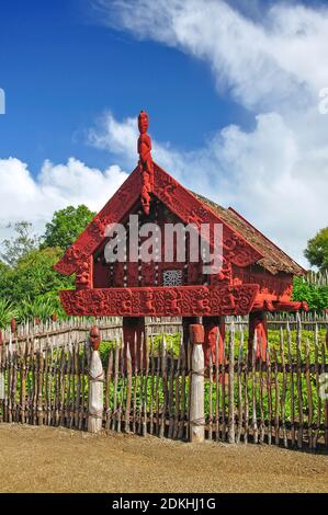 Geschnitzte Maori Lagerhaus, Te Parapara Maori Garten, Hamilton Gardens, Hamilton, Waikato Region, Nordinsel, Neuseeland Stockfoto