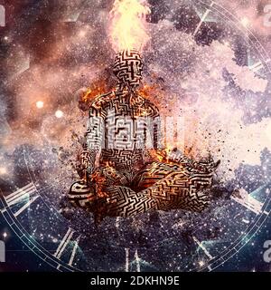 Flammende Meditation. Mann in Lotushaltung. 3D-Rendering Stockfoto