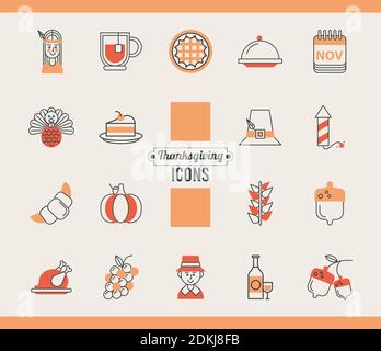 Bündel von achtzehn Thanksgiving Tag Set Icons Vektor Illustration Design Stock Vektor