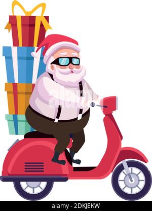 cute santa claus in motorcycle with gifts character vector illustration design Stock Vektor