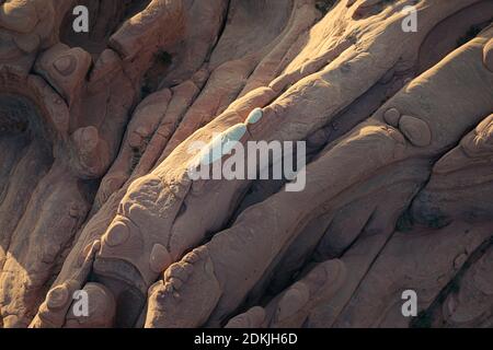 Felsstrukturen der Bögen im Arches Nationalpark, Moab direkt von oben. Luftaufnahme. Stockfoto