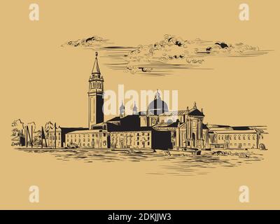 Vektor Hand Zeichnung Skizze Illustration von Venedig Panorama Skyline Ansicht. Skyline von Venedig handgezeichnete Skizze in schwarzer Farbe isoliert auf beigem Hintergrund. Stock Vektor