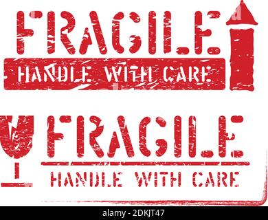 Zerbrechlich, so nach oben, Griff mit Sorgfalt grungy Vektor-Box Zeichen für Fracht und Lieferung. Schablone Illustration mit Pfeil und Glas Stock Vektor
