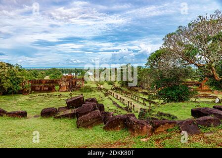 MwSt. Phou oder Wat Phu ist das UNESCO-Weltkulturerbe in der Provinz Champasak im Süden von Laos. Wat Phou Hindu-Tempel in der Provinz Champasak, Süden Stockfoto