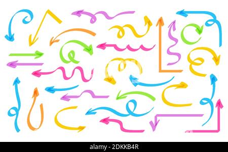 Pfeil handgezeichneter Textmarker bunt transparent Set. Formen Marker Design Elemente Kollektion Symbol. Bunte Pfeile, Zeiger, Pfeilspitzen und Markierungen. Vektordarstellung für Business Objects Stock Vektor