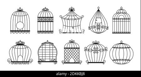 Vogelkäfige schwarz Silhouette Set. Vintage Käfig ohne Vögel Sammlung. Einfache Produkte für das Zuhause. Monochrome dekorative isolierte Vektorgrafik Stock Vektor
